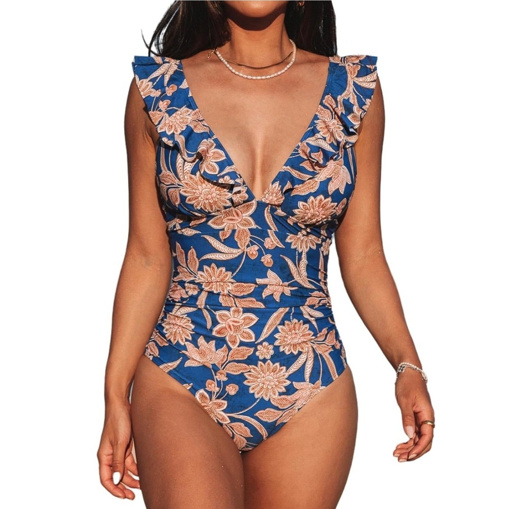 Cupshe Womens One Piece Swimsuit XL Blue Floral Ruffle Lace Up Back Beachwear